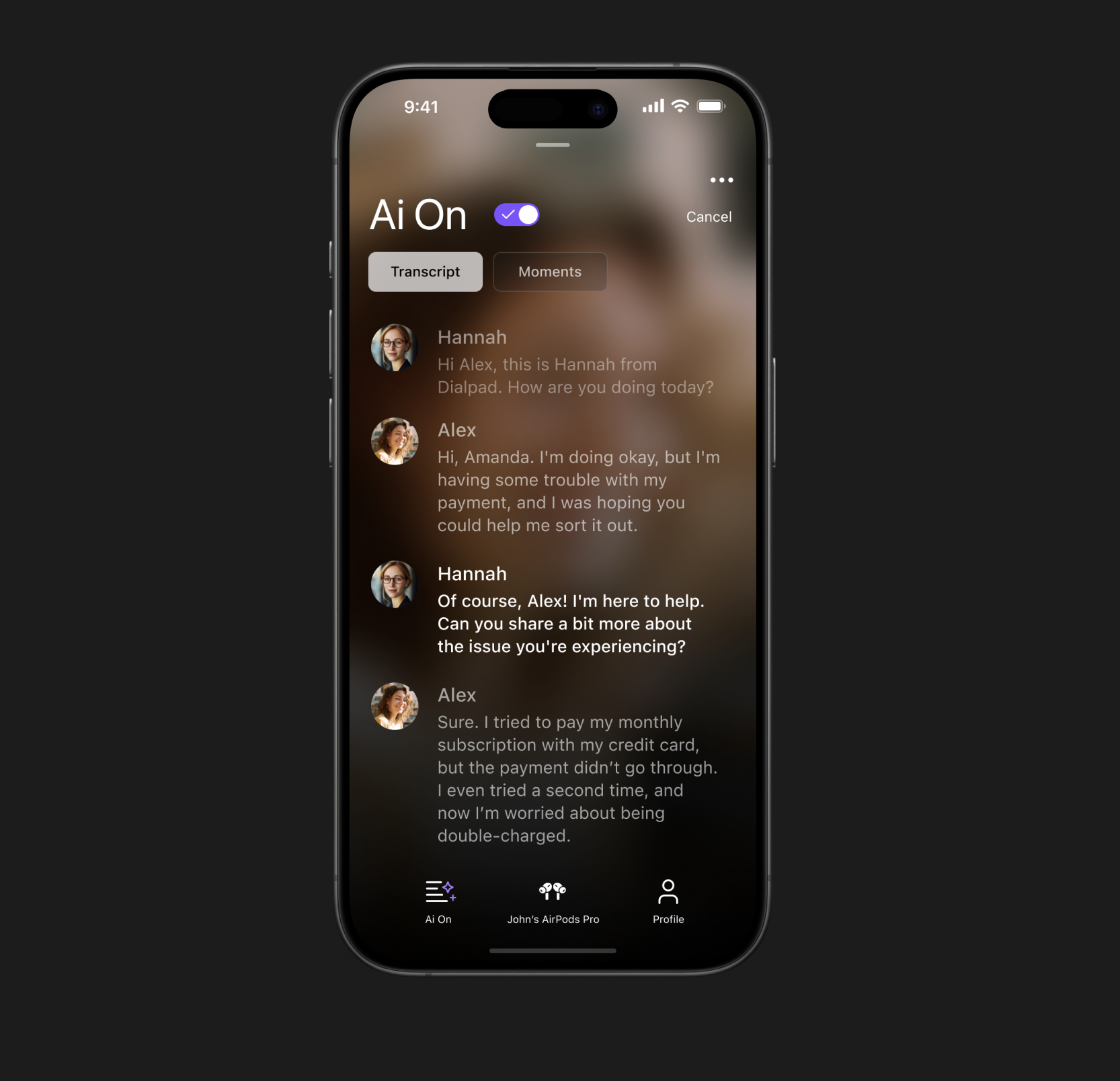 AI transcript view during an active call